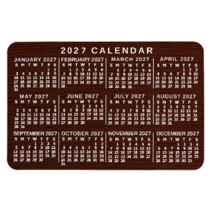 Íman Calendário Mensal do Ano 2027 Simples Grão de Made