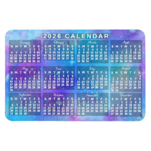 Íman Calendário Mensal do Ano de 2026 Azul Estrelas Aqu