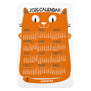 Íman Calendário Mensal do Ano de 2026 Gato Laranja Mead