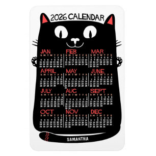 Íman Calendário Mensal do Ano de 2026 Gato Preto Meados