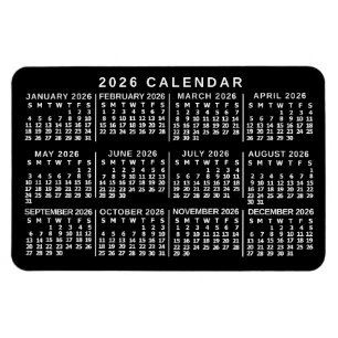 Íman Calendário Mensal do Ano de 2026 Preto e Branco Cl