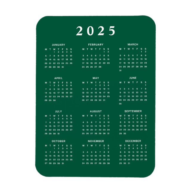 Íman Calendário Mensal Verde de 2025 (Vertical)
