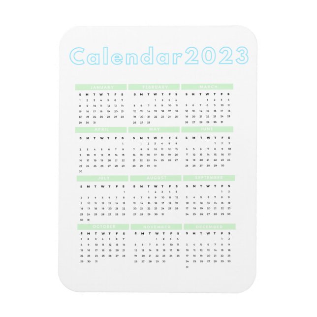 Íman Calendário Mínimo do Imã Azul Pastel Verde 2023 (Vertical)
