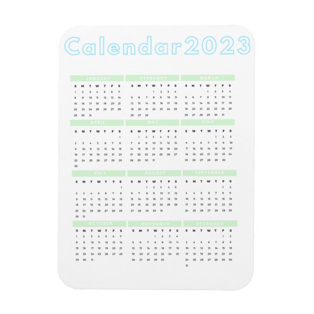 Íman Calendário Mínimo do Imã Azul Pastel Verde 2023 (Vertical)