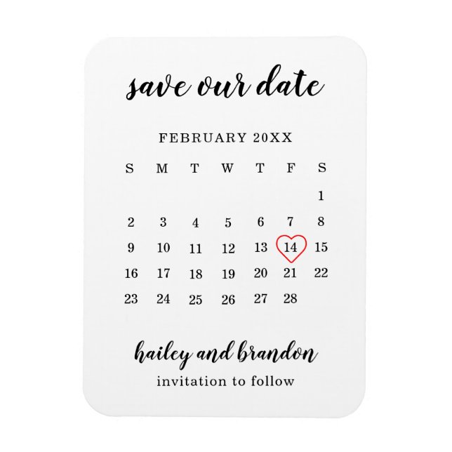 Íman Calendário Moderno Coração Vermelho Casamento Salv (Vertical)