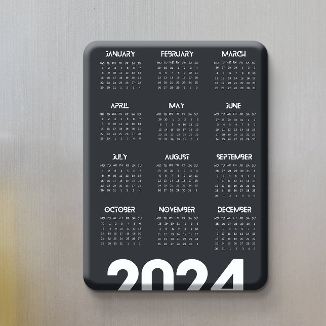 Íman Calendário Moderno Elegante 2024 Preto E Branco (Modern Elegant 2024 Calendar Black And White Magnet)