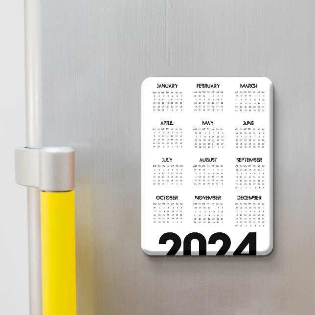 Íman Calendário Moderno Elegante 2024 Preto E Branco (Modern Elegant 2024 Calendar Black And White Magnet)
