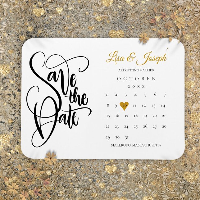 Íman Calendário Ouro Coração Casamento Data a Salvar (Calendar Gold Love Heart Wedding Save the Date Magnet)