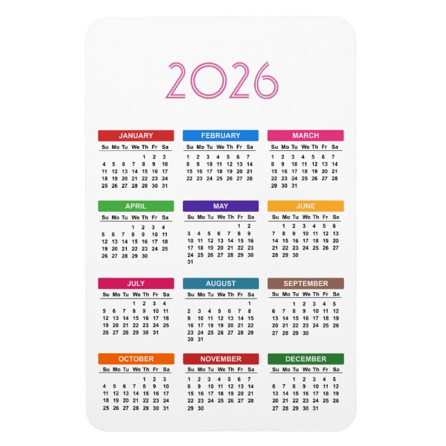 Íman Calendário Personalizado Colorido 2026 (Vertical)