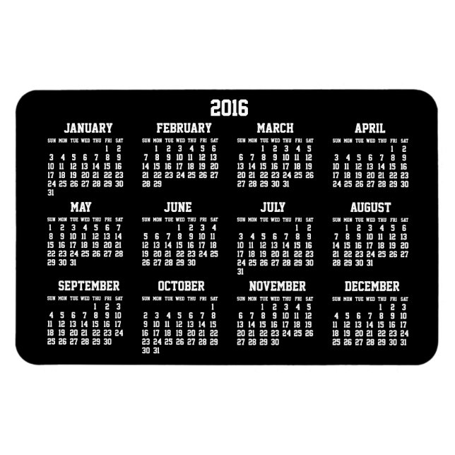 Íman Calendário Preto Anual 2016 Grandes Magnets Flexív (Horizontal)