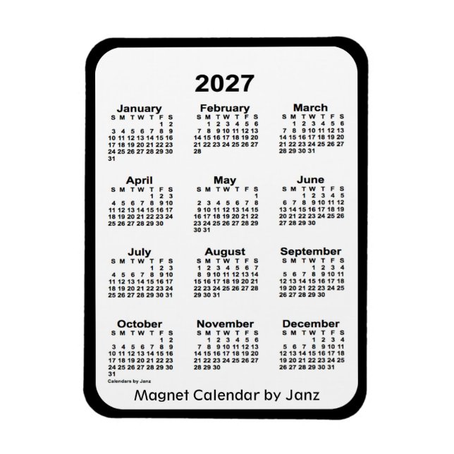 Íman Calendário preto e branco de 2027 por Janz Magnet (Vertical)