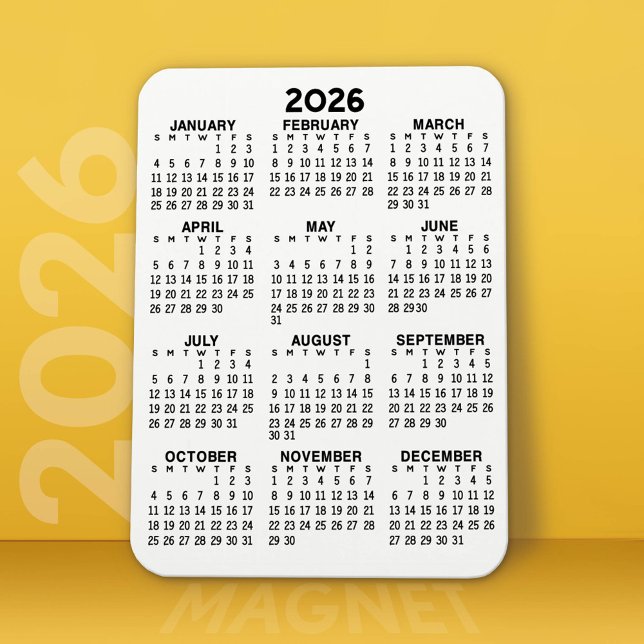 Íman Calendário - preto e branco mínimo básico (2026 Calendar Magnet)