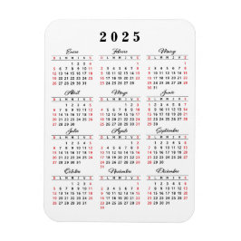 Íman Calendário Simples 2025 em branco vermelho-preto e