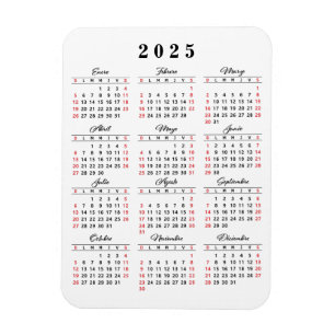 Íman Calendário Simples 2025 em branco vermelho-preto e