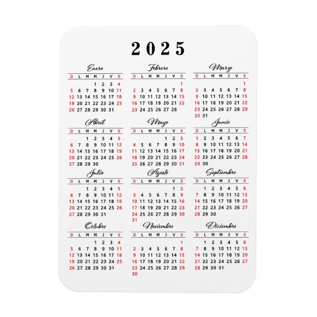 Íman Calendário Simples 2025 em branco vermelho-preto e (Vertical)