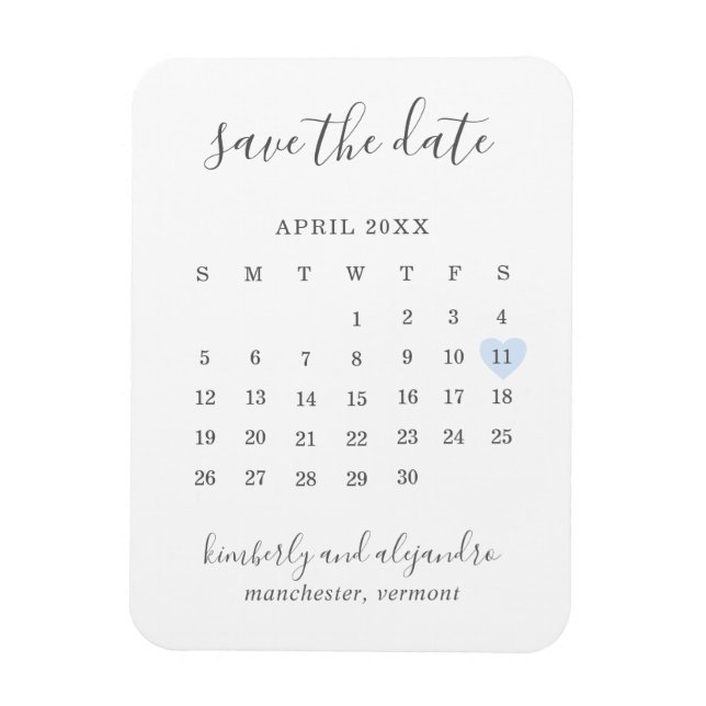 Íman Calendário Simples Azul Pastel Coração Salvar a Da (Vertical)