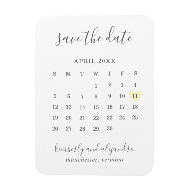 Íman Calendário Simples Coração Amarelo Pastel Salve a  (Vertical)