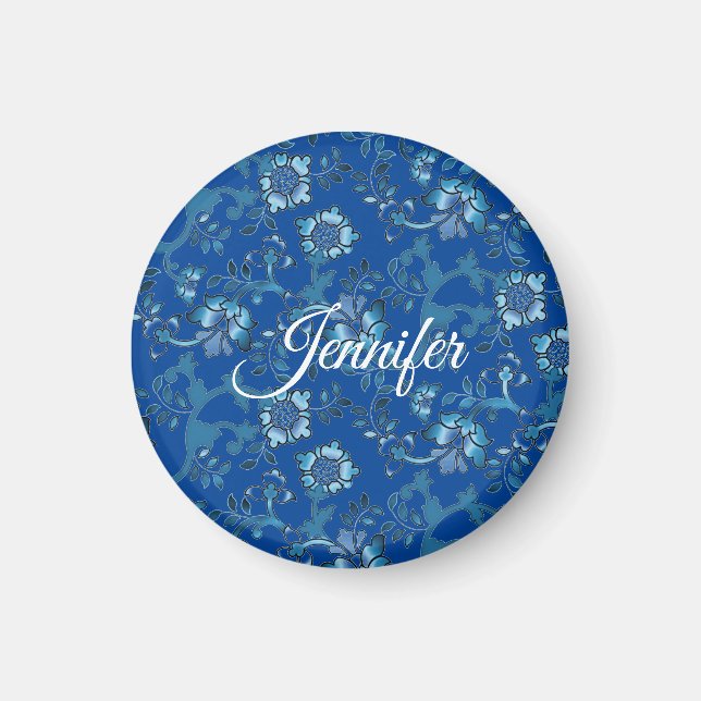 Íman Caligrafia Azul Floral Elegante Nome Personalizado (Frente)