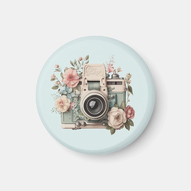 Íman Câmera com Imagem Retro Pastel de Flores (Frente)