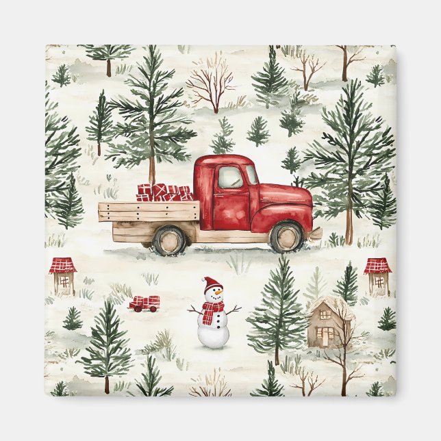 Íman Caminhão Vermelho com presentes e boneco de neve (Frente)
