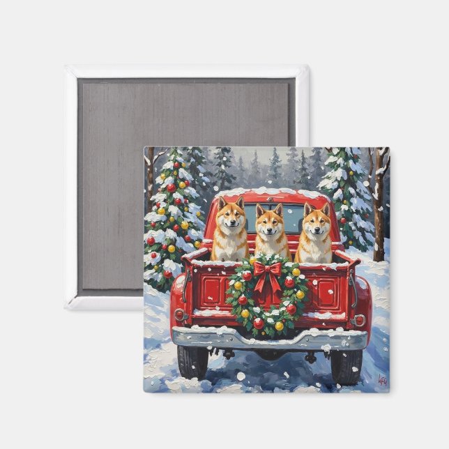 Íman Caminhão Vermelho de Natal Akita Feriado (Front/Back)