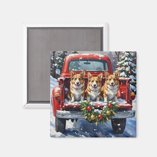 Íman Caminhão Vermelho de Natal Corgi Festa (Front/Back)