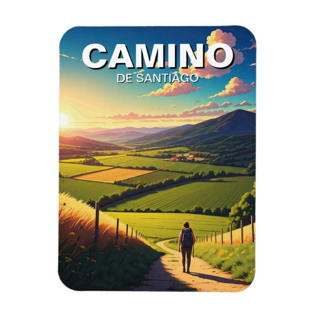 Íman Camino de Santiago Hiker Caminhando Sunset (Vertical)
