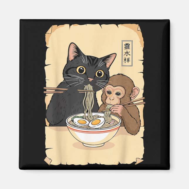Íman Camisa de Macaco de Ramen de Gato, Gato Engraçado  (Frente)