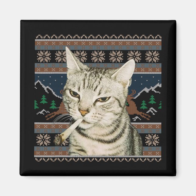 Íman Camisa de Natal Feia de Gato Engraçado Fumando Mem (Frente)