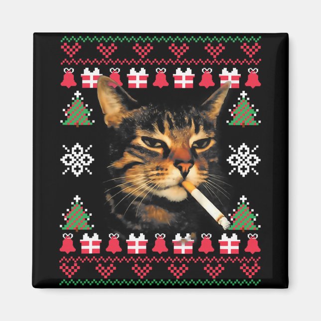 Íman Camisa feia de Natal engraçada de gato fumando par (Frente)