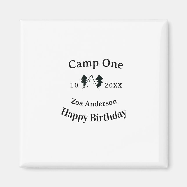 Íman Camp one happy birthday name date campingadventure (Frente)