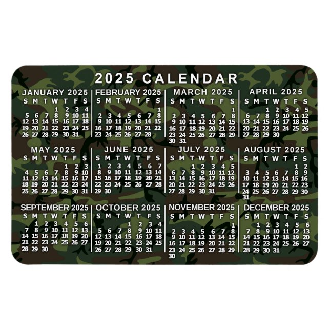 Íman Camuflagem de Calendário Mensal 2025 Camuflagem Ve (Horizontal)