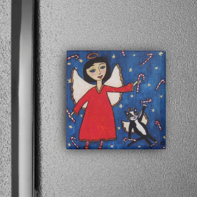 Íman Candy Cane Angel Magnet (Angel floating in blue sky stars with angel cat and candy canes on Christmas square magnet.)