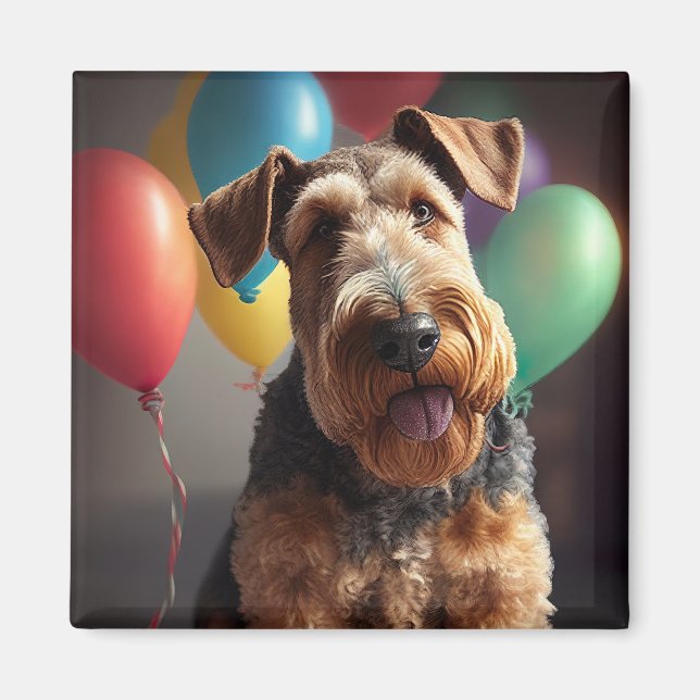 Íman Cão Airedale com bolo e balões (Frente)