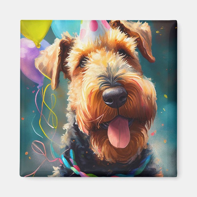 Íman Cão Airedale com chapéu de aniversário e balões (Frente)