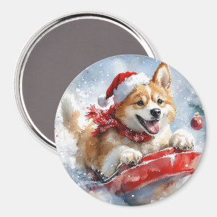 Íman Cão Akita em Trenó Deixe Nevar Natal