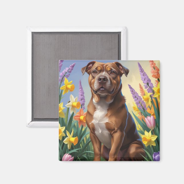 Íman Cão American Staffordshire Flores de Primavera Pin (Front/Back)