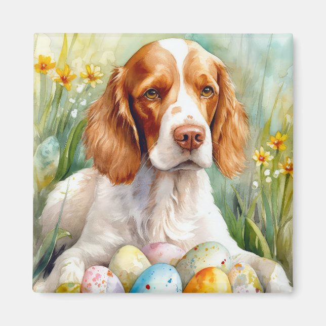 Íman Cão Brittany Spaniel com Ovos da Páscoa Feriado (Frente)