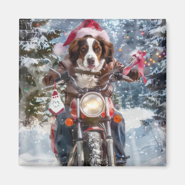 Íman Cão Brittany Spaniel Pilotando Motocicleta Natal (Frente)