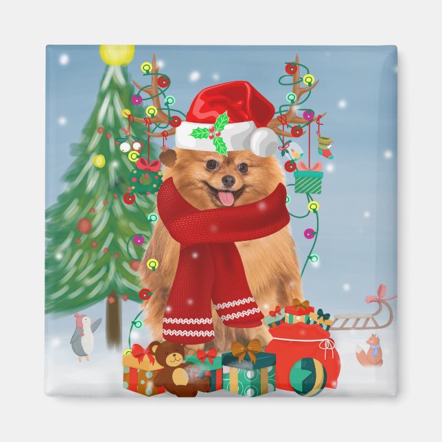 Íman Cão da Pomerânia com presentes de Natal (Frente)