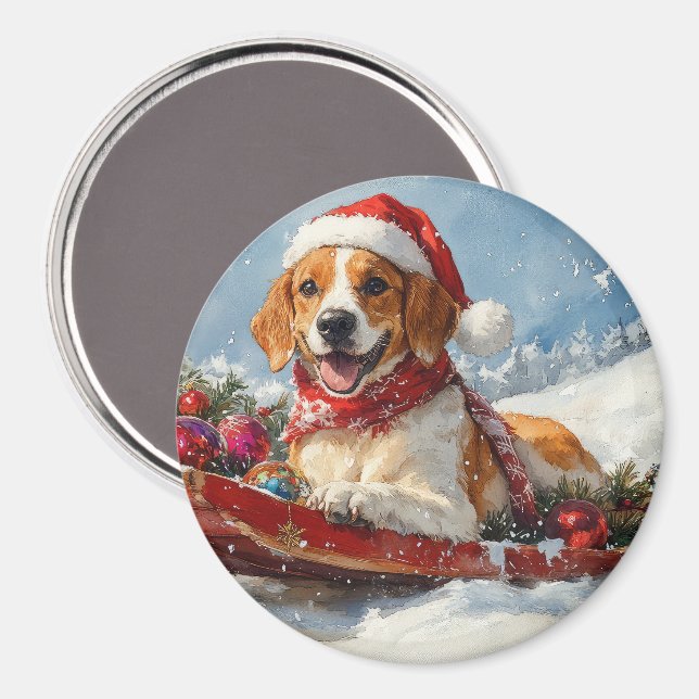 Íman Cão de Caça Inglês Americano no Trenó de Natal (Front/Back)