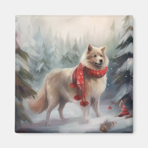 Íman Cão de Lappund, finlandês, no Natal da neve