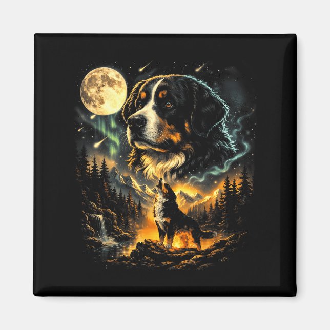Íman Cão de montanha Bernês uivando lua retrô 90s cacho (Frente)