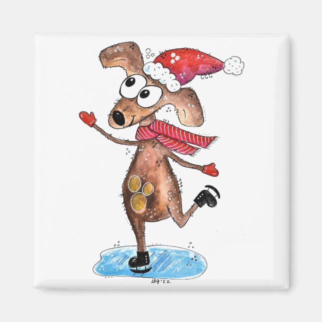 Íman Cão de Natal Caprichoso em Patins de Gelo (Frente)