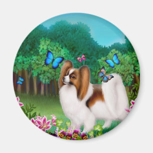 Íman Cão de Papillon no ímã redondo do jardim