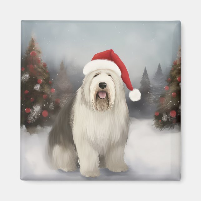 Íman Cão de Pastoreio Inglês Antigo na Neve Natal (Frente)