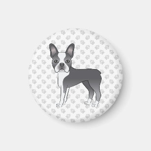 Íman Cão e patas de Cartoon Azul e Branco de Boston