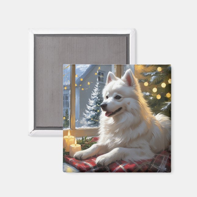 Íman Cão Esquimó Americano com Luzes de Natal Feriado (Front/Back)