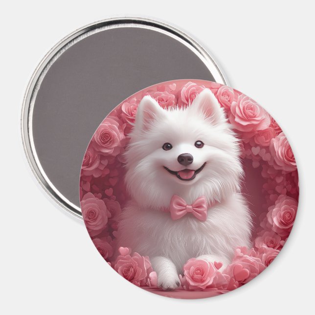 Íman Cão Esquimó Americano com Rosas - Dia dos Namorado (Front/Back)