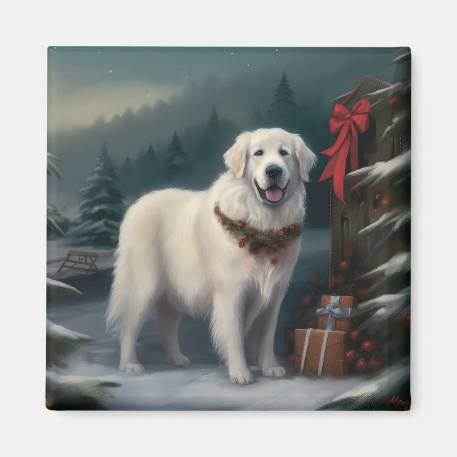 Íman Cão Great Pyrenees na Neve Natal (Frente)